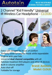 Autotain CLOUD "KID SIZE" Dual Channel IR Infrared Car Wireless Headphones +FREE BAG