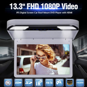 13.3 inch Car Flip Down DVD Player Monitor HD TFT LCD Screen USB SD HDMI (Grey)