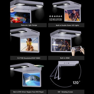 13.3 inch Car Flip Down DVD Player Monitor HD TFT LCD Screen USB SD HDMI (Grey)