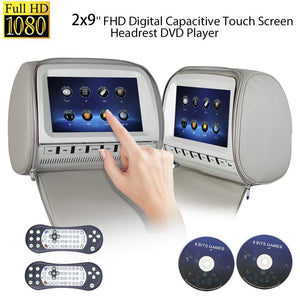 PAIR - 9 inch (Touch Screen) Car Headrest DVD Players with 1080P FM IR Transmitter Games (Grey)