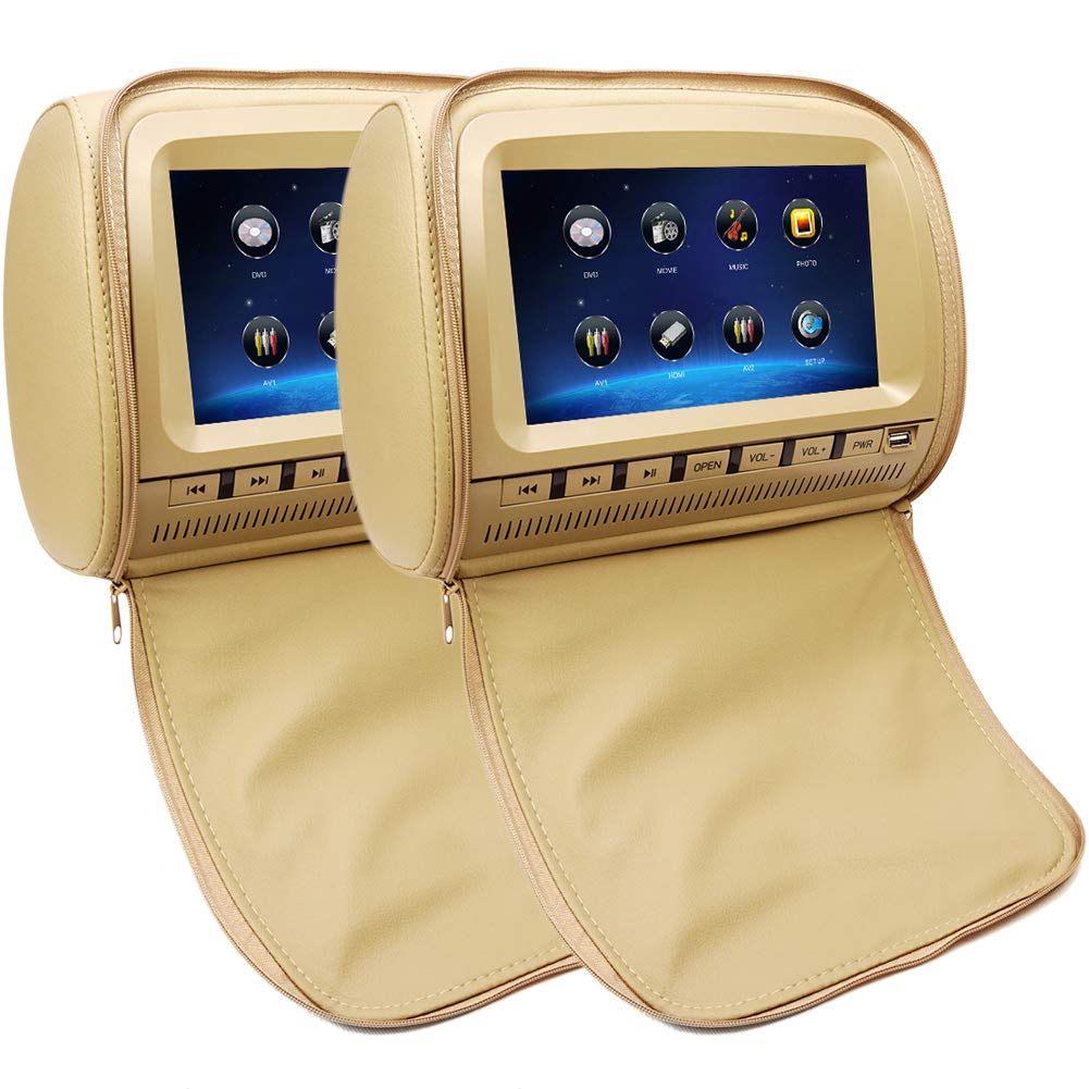 PAIR - 9 inch Car Headrest DVD Players with 1080P FM IR Transmitter Games (Beige)