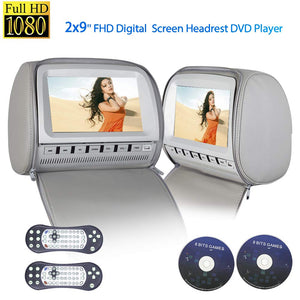 PAIR - 9 inch Car Headrest DVD Players with 1080P FM IR Transmitter Games (Grey)