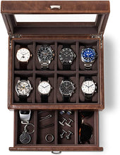Load image into Gallery viewer, Leather Watch Box Case - Luxury Display Cases for Large Mens Wrist Watches | Dresser Organizer with Jewelry, Sunglasses &amp; Watch Band Storage