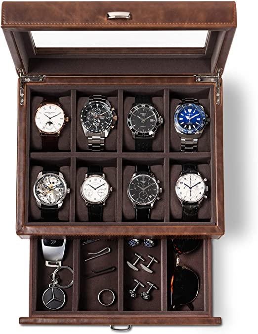 Leather Watch Box Case - Luxury Display Cases for Large Mens Wrist Watches | Dresser Organizer with Jewelry, Sunglasses & Watch Band Storage